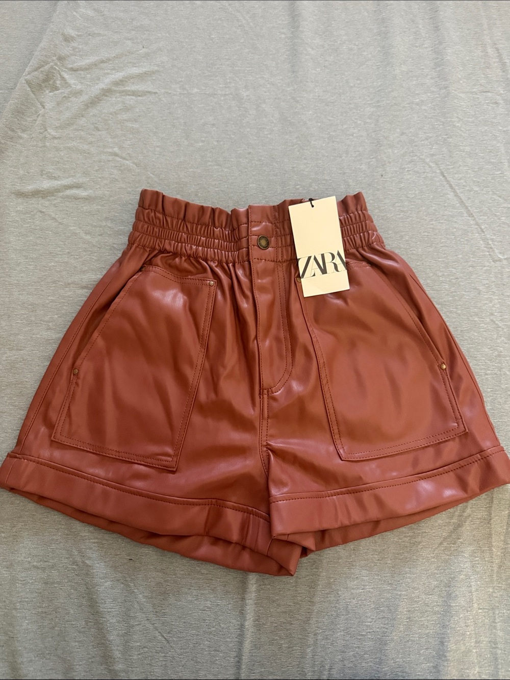 ZARA Rust Brown Faux-Leather High-Waist Shorts